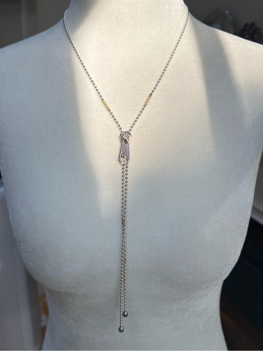 LAGOS 18K Gold Sterling Silver Caviar Zipper Adjustable Lariat Necklace 32”